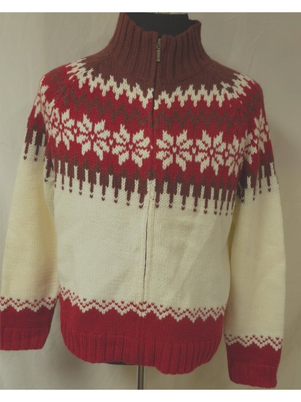 Sonoma Jean Company Womens XL  Zip Red White Full Zip Fair Isle Cardigan Sweater